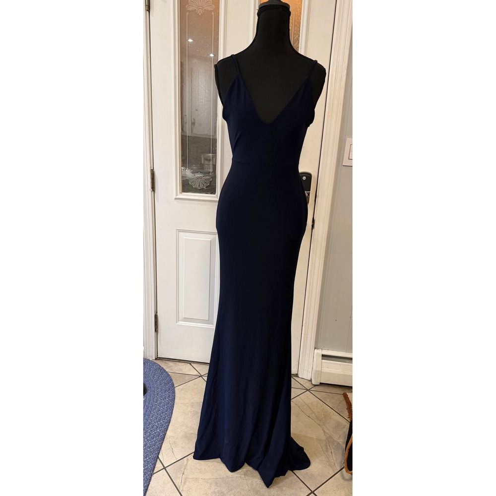 Club L London Navy Blue V Neck Open Back Twist Detail Maxi Dress US 6